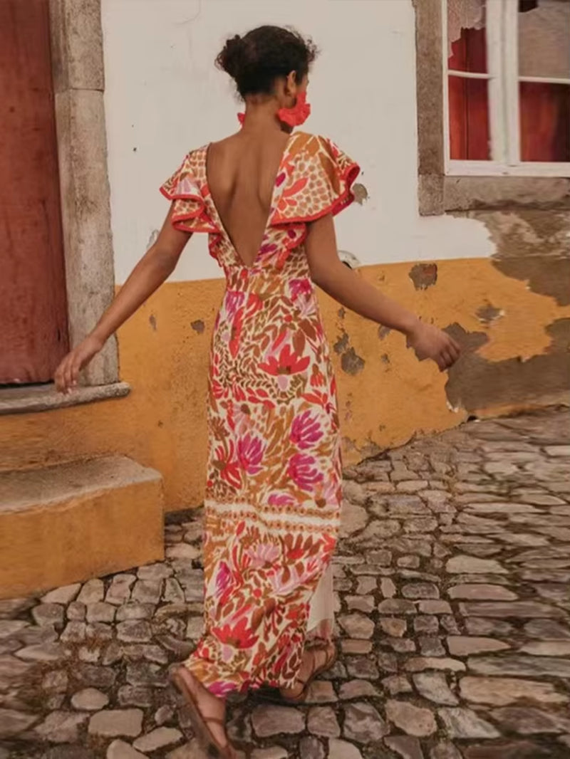 2025 Summer Backless Print Dress for Women – Sexy V Neck Long Dress with Butterfly Sleeves and Split